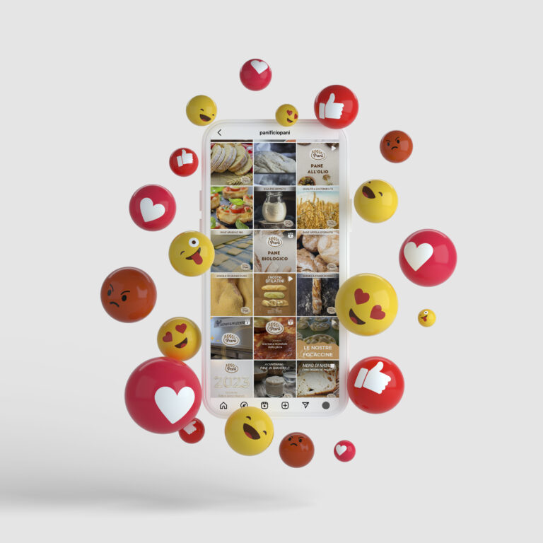 mobile con emoticons social e schermata feed Instagram Panì